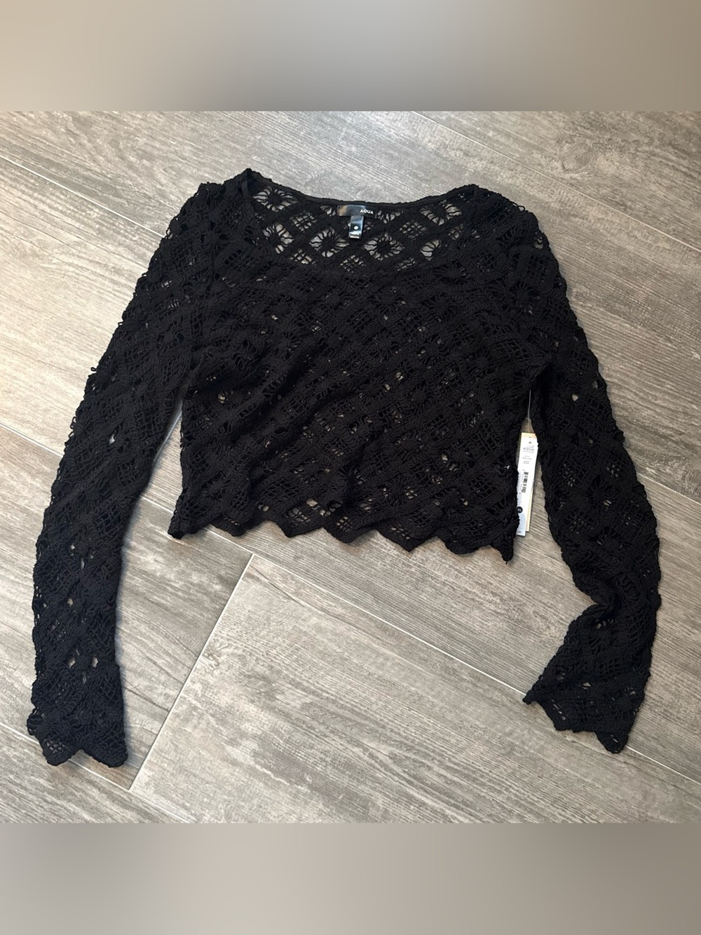 Aqua Black Crochet Long-Sleeve Cropped Top